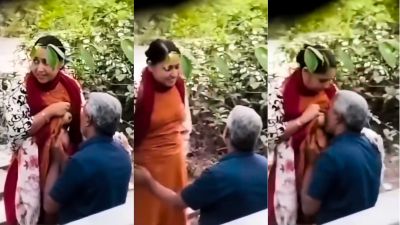 Mature couple outdoor porn with an old man sucking boobs