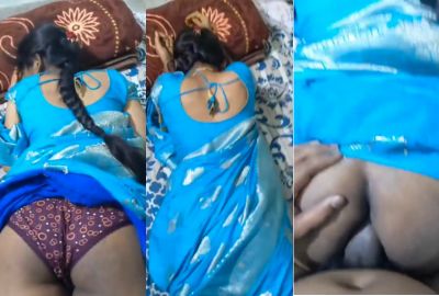 Desi chudai of Bhabhi lying on bed in blue saree