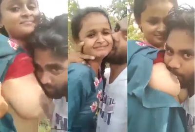Indian outdoor sex of a guy sucking his GF’s tight boobs