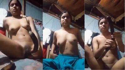 Horny nude girl puts a thick water bottle in her wet pussy